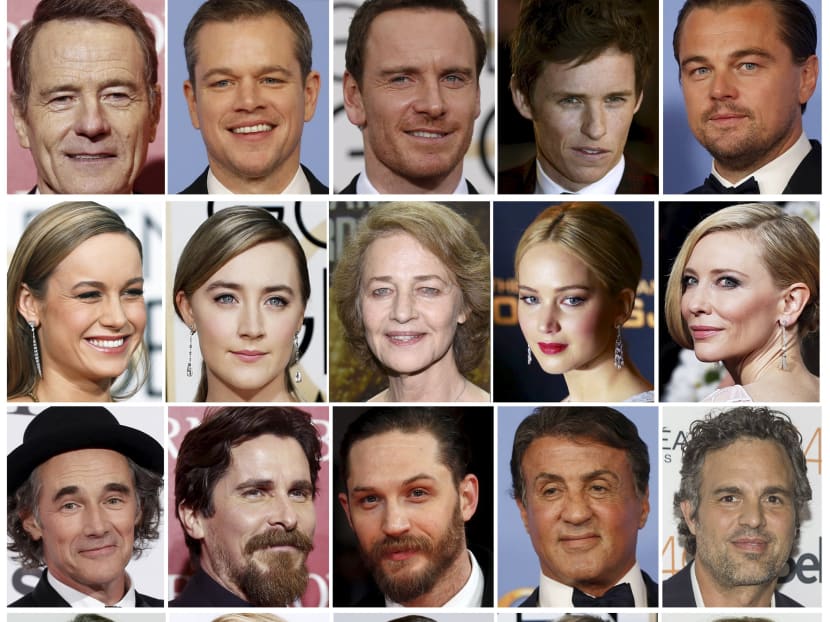 The Oscar acting nominees lacked black performers for a second straight year. From top to bottom (left to right) are best actor nominees Bryan Cranston, Matt Damon, Michael Fassbender, Eddie Redmayne, and Leonardo DiCaprio; best actress Brie Larson, Saoirse Ronan, Charlotte Rampling, Jennifer Lawrence and Cate Blanchett; best supporting actor Mark Rylance, Christian Bale, Tom Hardy, Sylvester Stallone and Mark Ruffalo; best supporting actress Alicia Vikander, Rachel McAdams, Rooney Mara, Kate Winslet and Jennifer Jason Leigh. Director Spike Lee and actress Jada Pinkett Smith said they will boycott next month's Academy Awards ceremony because of that; and the Academy acknowledged it needed to do more to promote diversity. REUTERS/Staff/Files
