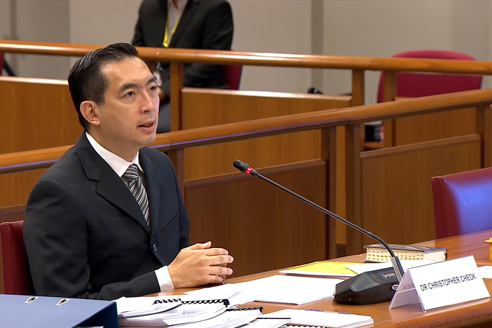Dr Christopher Cheok, a senior consultant from the department of forensic psychiatry at the Institute of Mental Health, at a hearing with Parliament's Committee of Privileges. Dr Christopher Cheok, a senior consultant from the department of forensic psychiatry at the Institute of Mental Health, at a hearing with Parliament's Committee of Privileges.