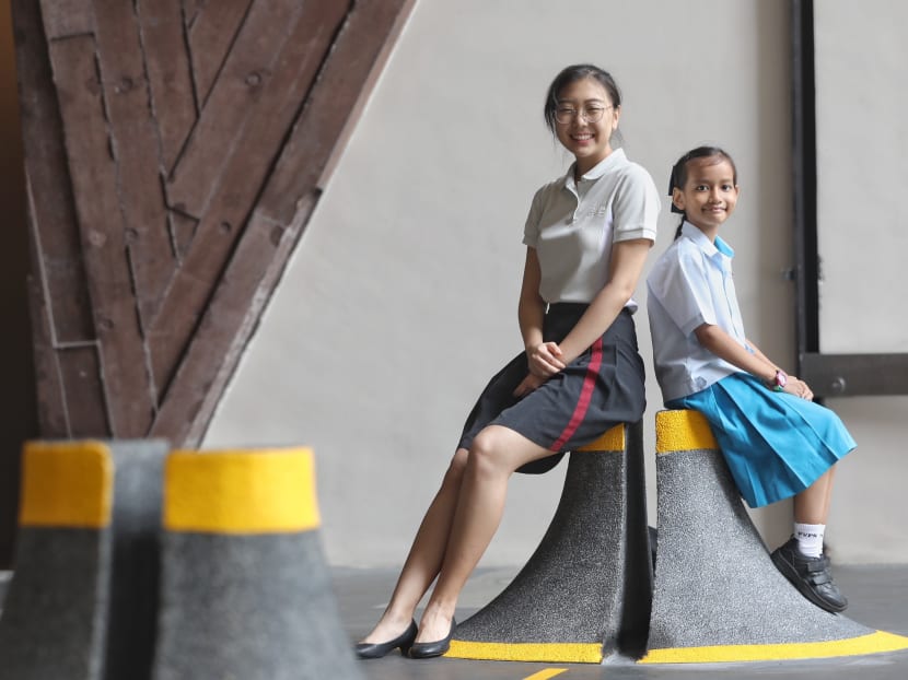Park View Primary School pupil Dwi Tiara Haqiem Mohd Fazel was among 23 pupils who received the Arts Development Award, unveiled by the School of the Arts (Sota) on July 30, 2018. She is pictured with her buddy, Sota visual-arts student Aum Sebin.