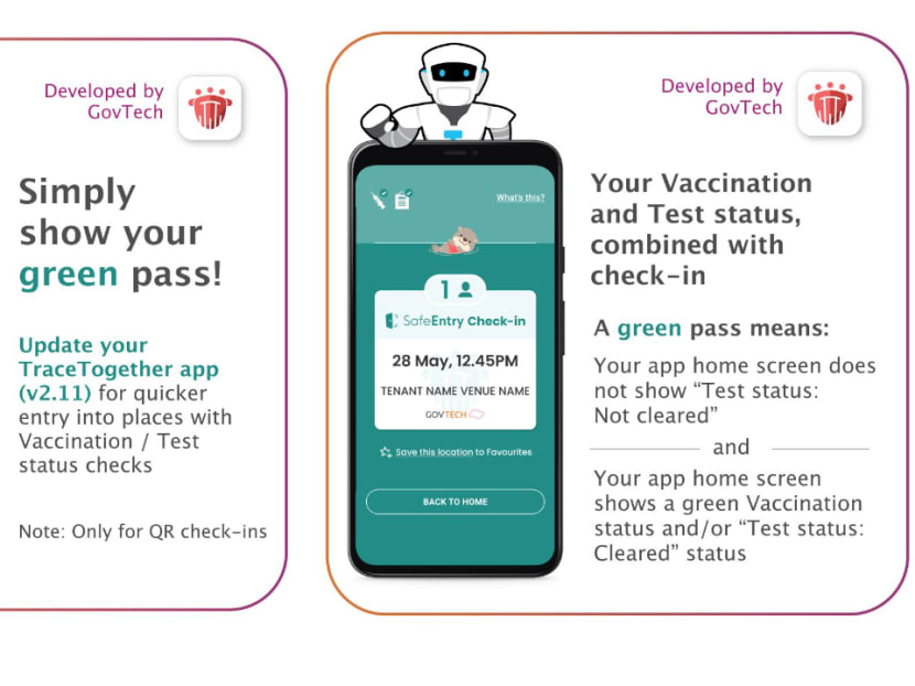 When TraceTogether app users show that they have cleared vaccination and test status checks, an otter against a green background will show up on a green SafeEntry check-in screen.
