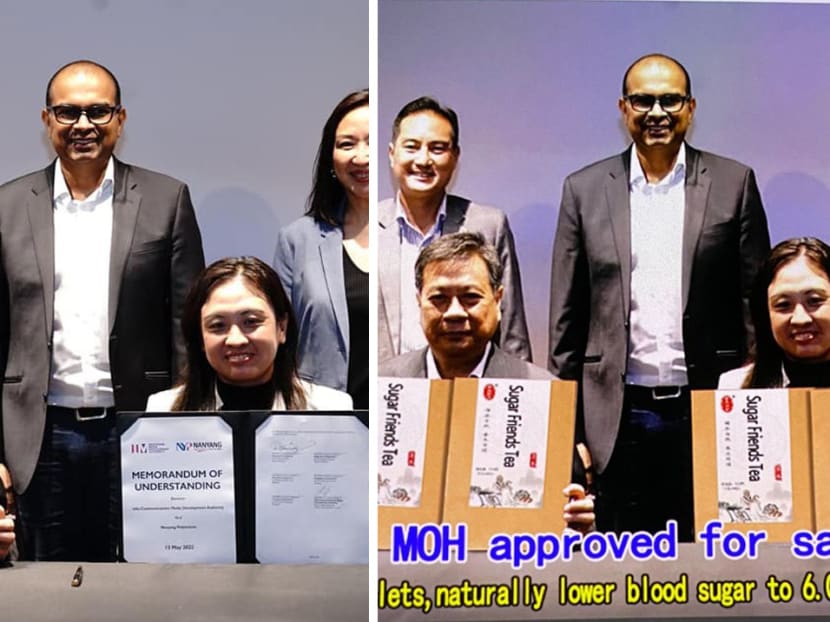 The original image (left) originated from a Memorandum of Understanding signing ceremony in May. But advertisers had altered the photo and replaced the documents with boxes of tea.
