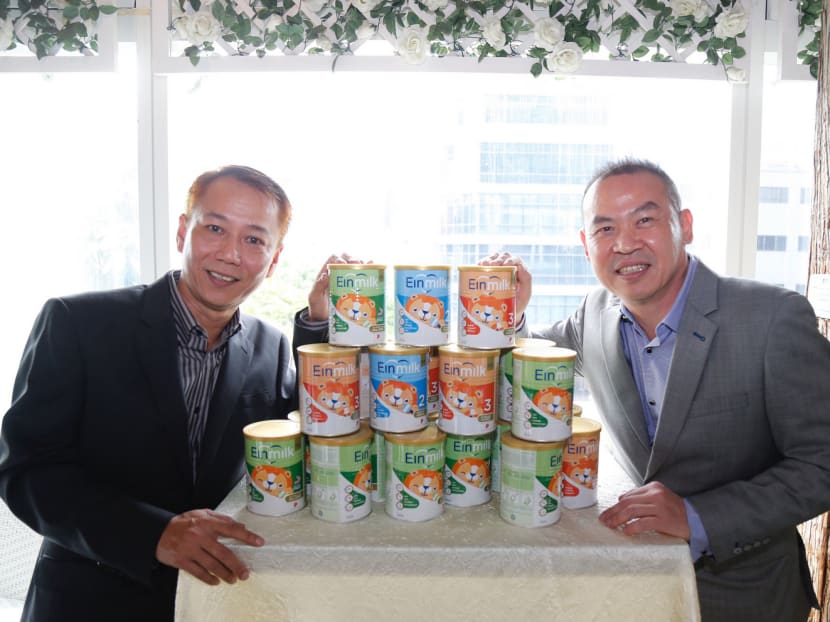 Einmilk was created by Mr Alvin Tan (left) and Mr Eric Chua in 2015 and its price ranges from S$33 to S$39 for an 800g tin, compared to average of S$56 for a typical 900g tin. Photo: Najeer Yusof