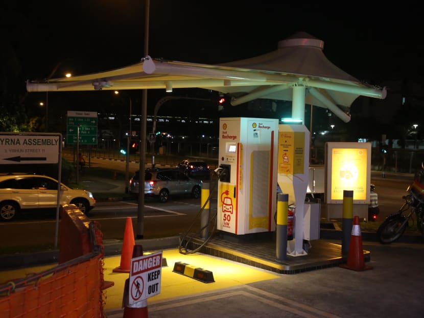 An electric car charging point at a Shell petrol station along Yishun Street 11. An electric car charging point at a Shell petrol station along Yishun Street 11.