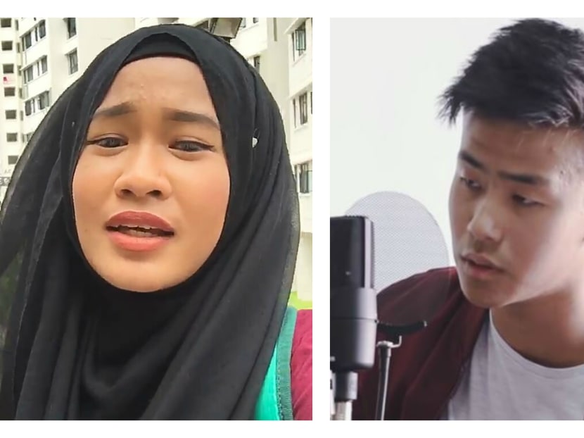 A screengrab from Nurfarahin's Twitter video that went viral (left) and 22-year-old Toh Zhen Sheng Sherman, the youngest Singaporean contestant to participate on Sing! China (right). Photos: Nurfarahin, Toh Zhen Sheng