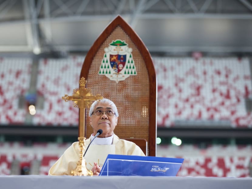 Archbishop William Goh at the 165th anniversary celebration of Convent of the Holy Infant Jesus (CHIJ), the oldest Catholic girls’ school in Singapore, in May 2019 at the National Stadium.