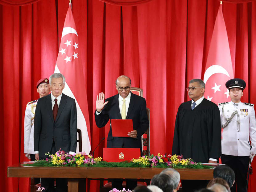 Mr Tharman Shanmugaratnam being sworn in as Singapore's ninth President on Sept 14, 2023 at the Istana.