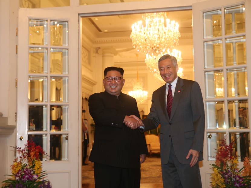 North Korean leader Kim Jong-un meets with Prime Minister Lee Hsien Loong at the Istana.