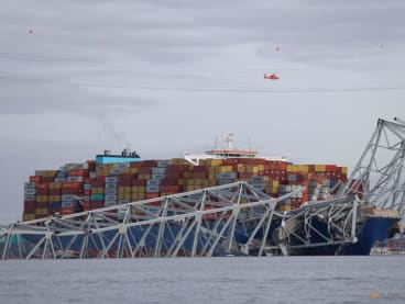 A view of the Dali cargo vessel which crashed into the Francis Scott Key Bridge causing it to collapse in Baltimore, Maryland, US, on March 26, 2024.