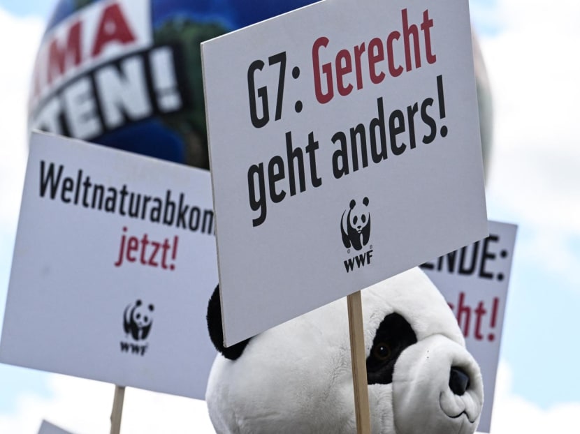 A protester of conservation organisation WWF (World Wildlife Fund) wearing a Panda costume holds up a sign reading "Justice is different" during a demonstration called for by Greenpeace, Attac and other organisations ahead of the G7 Summit at the Theresienwiese in Munich, southern Germany on June 25, 2022.