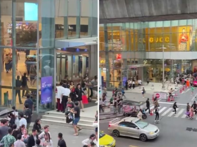 Screenshots from a video of people running out of Siam Paragon in Bangkok, Thailand on Oct 3, 2023. 