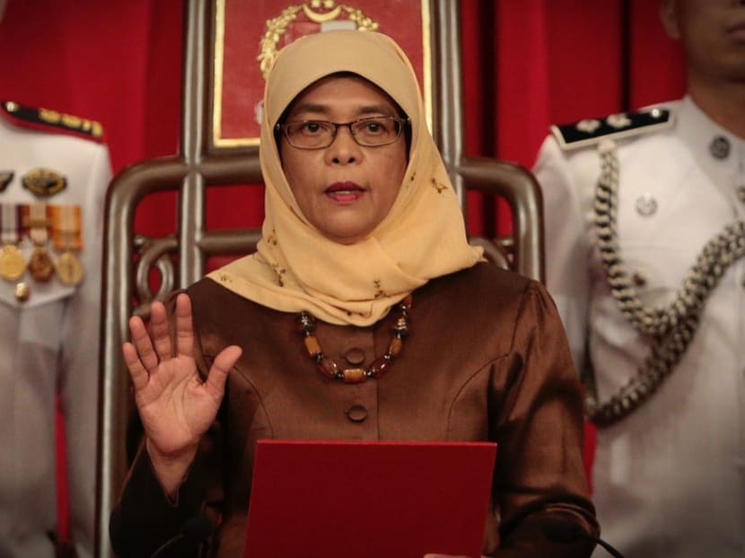 President  Halimah Yacob taking her oath at the swearing-in ceremony at the Istana on THursday (Sept 14). Photo: Jason Quah/TODAY