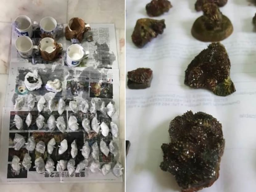The 75 hard corals and 5 soft corals (L), which had been falsely declared as “plastic aquarium ornaments”, wrapped in plastic bags lined with paper and concealed in ceramic mugs. A close up of the smuggled hard corals can be seen in the right side of the composite image. Photo: AVA and ICA
