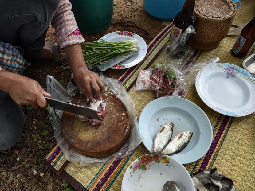 This photograph taken on May 20, 2017 shows a farmer chopping fresh fish for a koi pla lunch in the northeastern Thai province of Khon Kaen. Photo: AFP
