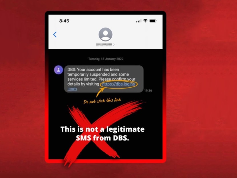 A screenshot showing an unsolicited SMS claiming to be from DBS Bank. A screenshot showing an unsolicited SMS claiming to be from DBS Bank.