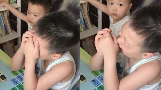 自告奋勇教五岁弟弟做作业 中国七岁男童被气哭