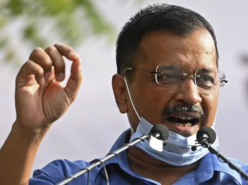 Delhi chief minister Arvind Kejriwal addressing his party's supporters and activists in New Delhi, India on March 17, 2021.