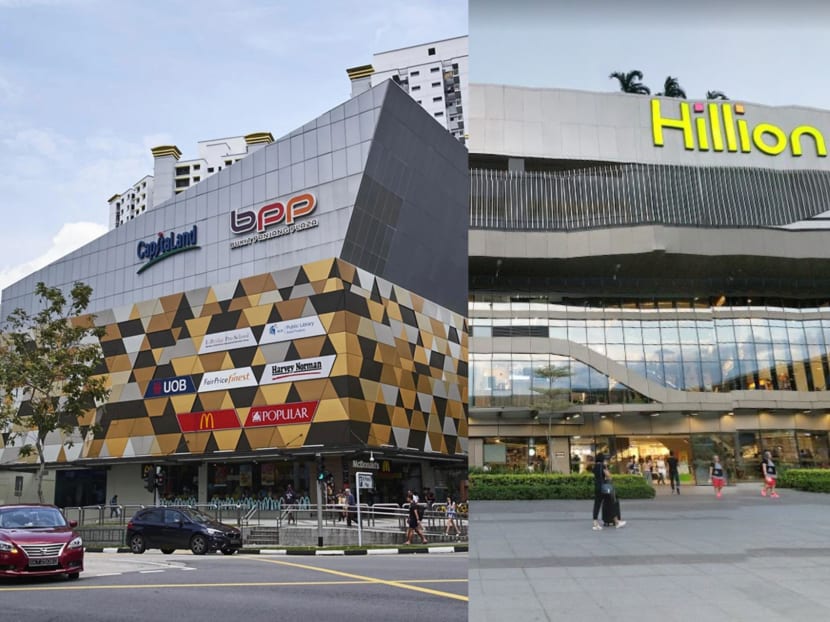 The Ministry of Health said that the infected individuals had visited the FairPrice Finest outlet at Bukit Panjang Plaza (left) and NTUC FairPrice outlet at Hillion Mall between 12pm and 1pm on May 24, 2020.