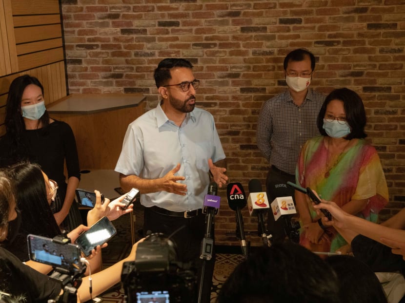 Workers' Party chief Pritam Singh speaking to the media after the party's CEC elections at Huone Events Hotel on Sunday, Dec 27, 2020. With him were (from left) Ms Nicole Seah, Mr Louis Chua Kheng Wee and chairman Sylvia Lim.