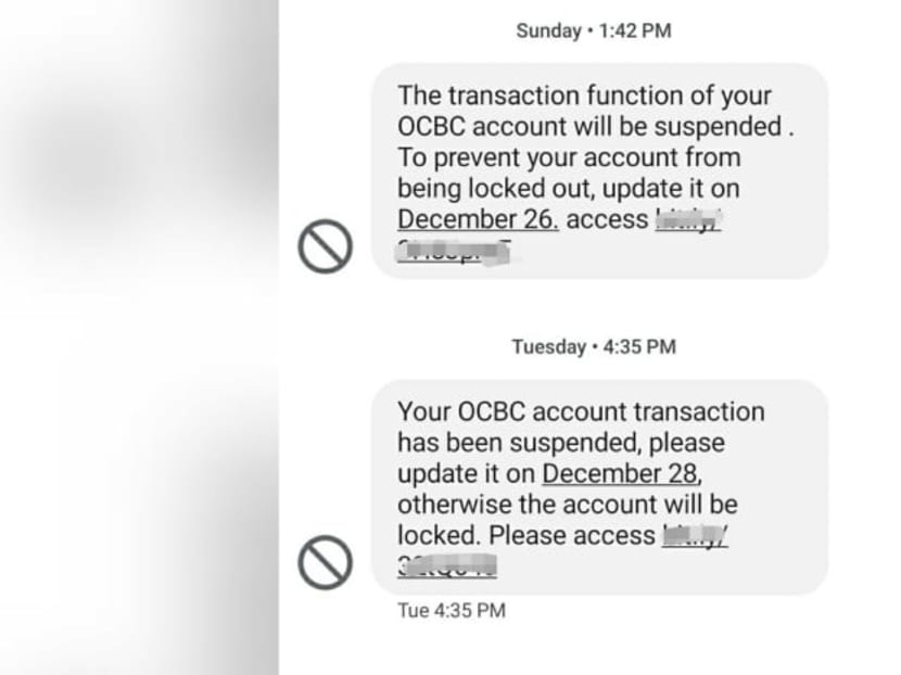 Screengrab of phishing scam messages impersonating OCBC.