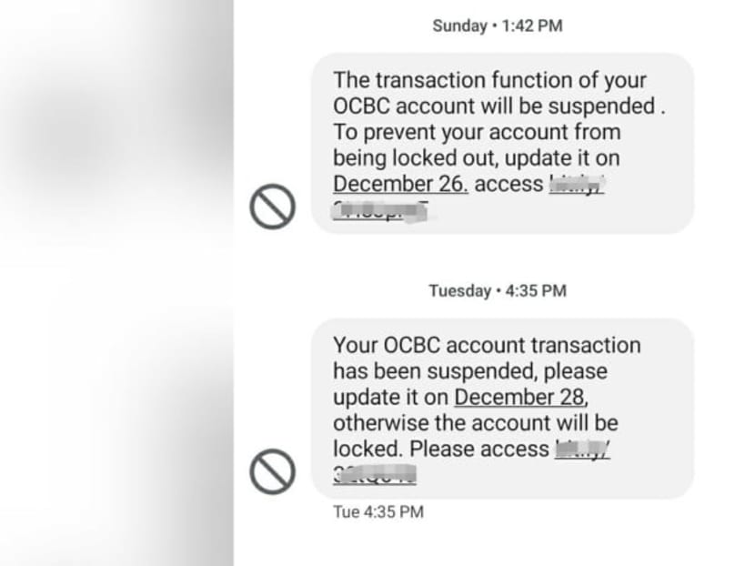 Screengrab of phishing scam messages impersonating OCBC. Screengrab of phishing scam messages impersonating OCBC.