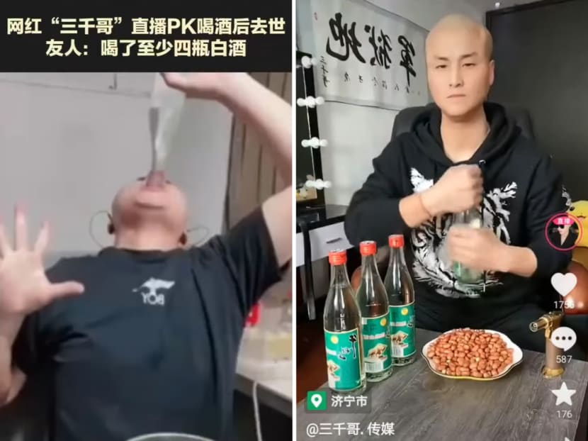 Douyin influencer Wang Moufeng, known on the platform as "Sanqiange", died less than 12 hours after drinking at least four bottles of Chinese baijiu (left) during a livestream on May 16, 2023. The image on the right is from a video Wang made on Nov 6, 2022. Douyin influencer Wang Moufeng, known on the platform as "Sanqiange", died less than 12 hours after drinking at least four bottles of Chinese baijiu (left) during a livestream on May 16, 2023. The image on the right is from a video Wang made on Nov 6, 2022.