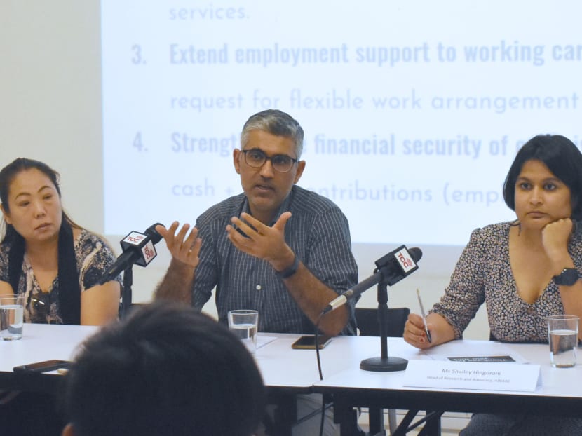 From left: Ms Kris Foo, a caregiver; Assistant Professor Rahul Malhotra, head of research at the Centre for Ageing Research and Education at Duke-NUS Medical School; and Ms Shailey Hingorani, head of advocacy and research at Aware, releasing a study on caregiving on Sept 18, 2019. From left: Ms Kris Foo, a caregiver; Assistant Professor Rahul Malhotra, head of research at the Centre for Ageing Research and Education at Duke-NUS Medical School; and Ms Shailey Hingorani, head of advocacy and research at Aware, releasing a study on caregiving on Sept 18, 2019.