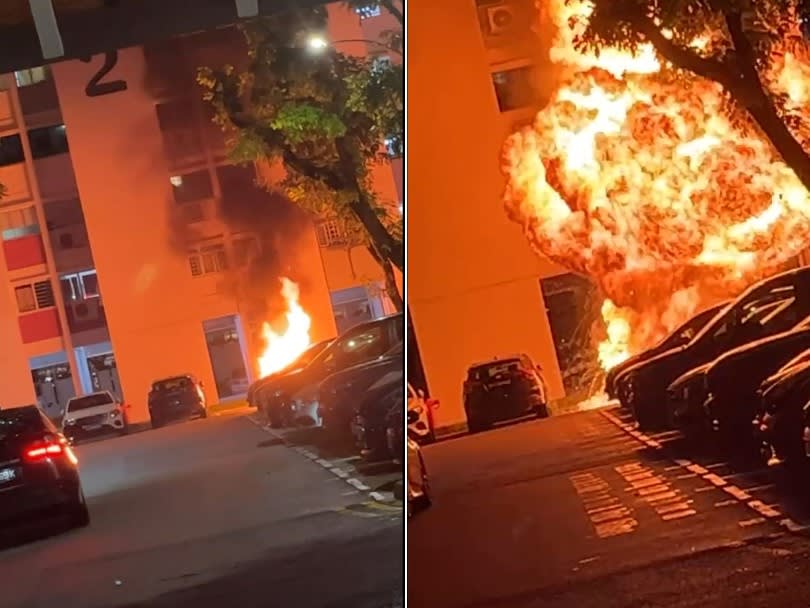 A video on TikTok shows a motorcycle bursting into flames at a car park in Bishan on Feb 9, 2022.