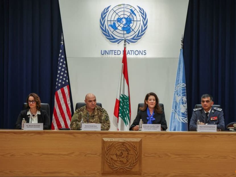 United Nations Development Programme (UNDP) Resident Representative in Lebanon Melanie Hauenstein, Lebanon's Army Chief General Joseph Aoun, U.S. Ambassador to Lebanon Dorothy Shea and Director General of Internal Security Forces (ISF) Major General Imad Osman attend a news conference to launch a Livelihood Support Program for the Lebanese army and ISF hosted by the UNDP in partnership with the U.S. Embassy in Beirut, at the U.N. headquarters in Beirut, Lebanon January 25, 2023. REUTERS/Mohamed Azakir United Nations Development Programme (UNDP) Resident Representative in Lebanon Melanie Hauenstein, Lebanon's Army Chief General Joseph Aoun, U.S. Ambassador to Lebanon Dorothy Shea and Director General of Internal Security Forces (ISF) Major General Imad Osman attend a news conference to launch a Livelihood Support Program for the Lebanese army and ISF hosted by the UNDP in partnership with the U.S. Embassy in Beirut, at the U.N. headquarters in Beirut, Lebanon January 25, 2023. REUTERS/Mohamed Azakir