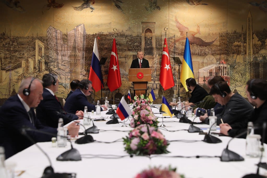 This handout photo released by the Turkish presidential press service on March 29, 2022, shows Turkish president Recep Tayyip Erdogan opening Ukrainian-Russian talks in Istanbul. 