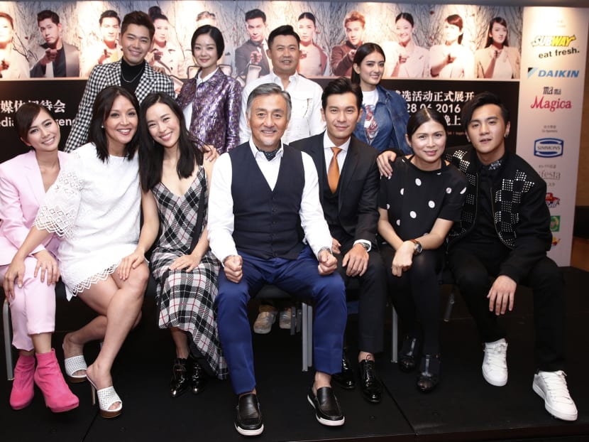 The cast of Mediacorp Channel 8 drama The Dream Job includes  veteran actors Hugo Ng (centre, in black vest), Aileen Tan and Pan Ling Ling. Photo: Damien Teo