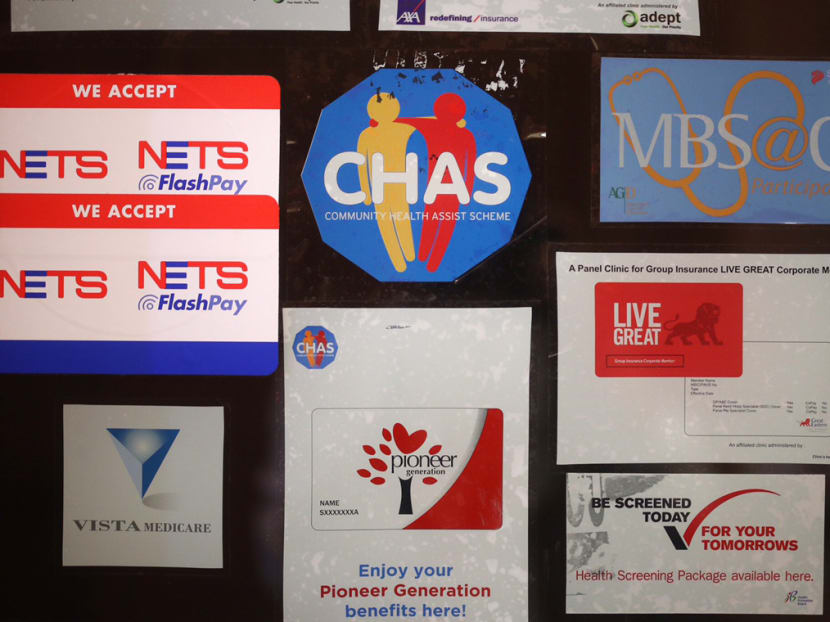 A Chas decal (top row, centre) seen on the front facade of a clinic.