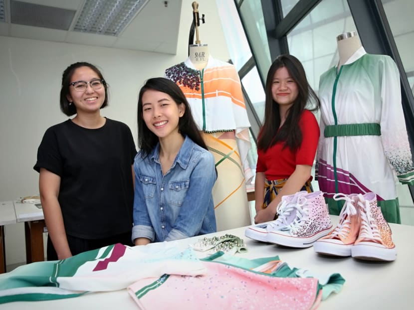 LASALLE graduands (from left) Caroline Justin, 22, Elisa Lim, 23, and Ethrisha Liaw, 23, who have crafted wearable fashion pieces for people with different (dis)abilities. Photo: Nuria Ling/TODAY LASALLE graduands (from left) Caroline Justin, 22, Elisa Lim, 23, and Ethrisha Liaw, 23, who have crafted wearable fashion pieces for people with different (dis)abilities. Photo: Nuria Ling/TODAY