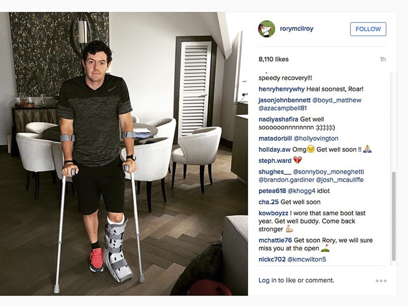 In this image released on his Instagram account, world number one golfer Rory McIlroy poses on crutches with his left leg in a medical support on July 6, 2015. Photo: Rory McIlroy via AP
