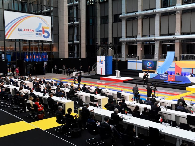 Officials take part in the EU-Asean summit at the European Council headquarters in Brussels on Dec 14, 2022. 