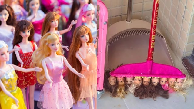 9个娃娃头做成扫把　再也不敢直视Barbie！