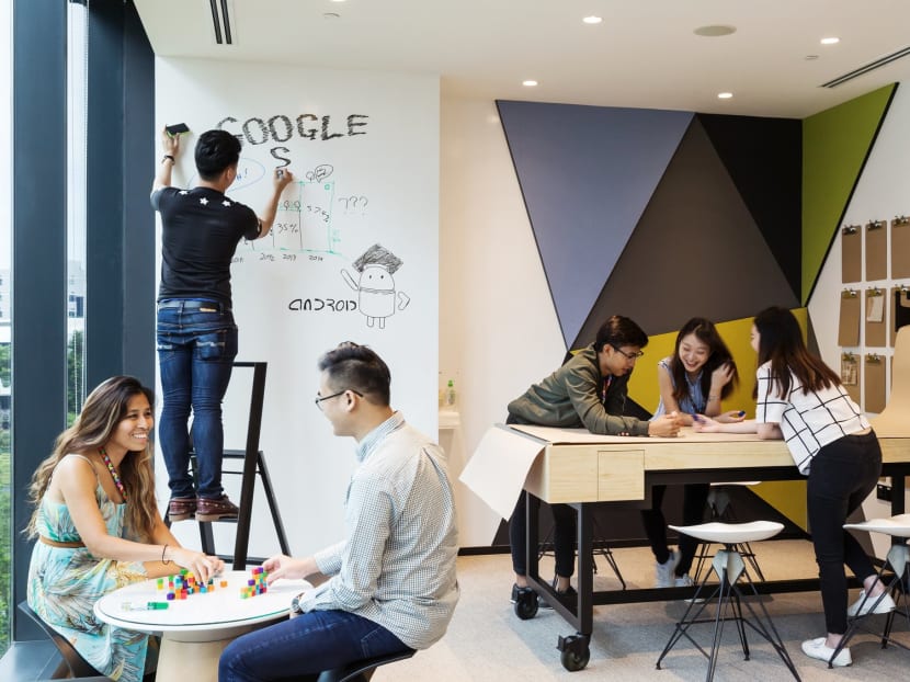 Among other things, staff members at Google Singapore's office can make use of two foosball tables, a full-sized pool table and a huge Lego wall where they can build whatever they want onto the wall.