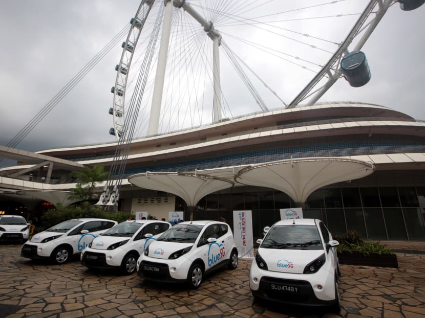 BlueSG electric cars parked at the Singapore Flyer on Dec 12, 2017. Photo: Jason Quah/TODAY