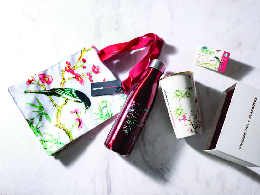 The Vivienne Tam x Starbucks collection comprise the double wall mug, S'well stainless steel bottle , tote bag and Starbucks limited edition card. Photo: Starbucks Singapore
