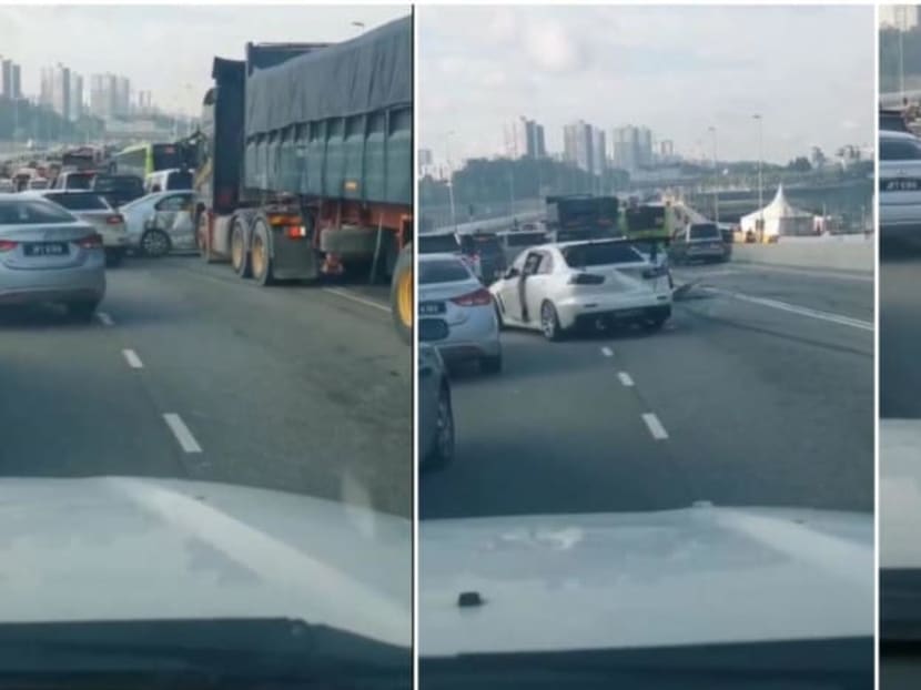 Screengrabs from a video posted on social media showing the a truck crashing into multiple cars. Screengrabs from a video posted on social media showing the a truck crashing into multiple cars.
