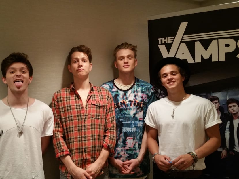 The Vamps goofing around during their press interview earlier today (Jan 25). Photo: Christopher Toh