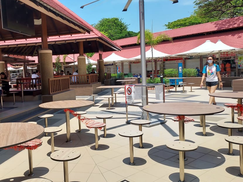 Some unsheltered tables at East Coast Lagoon Food Village, a hawker centre at East Coast Park, on April 8, 2021.