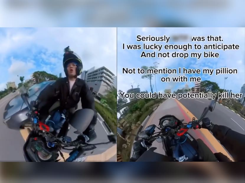 Screengrabs from a post on Facebook group Complaint Singapore by user Kayden Tan, showing an incident involving a car side-swiping a motorcycle at Outram Park. 