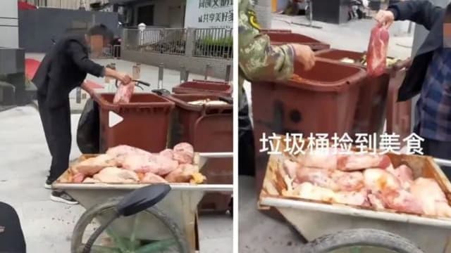 男子垃圾桶内捡250公斤生肉晒干欲食用  店主：千万别吃！