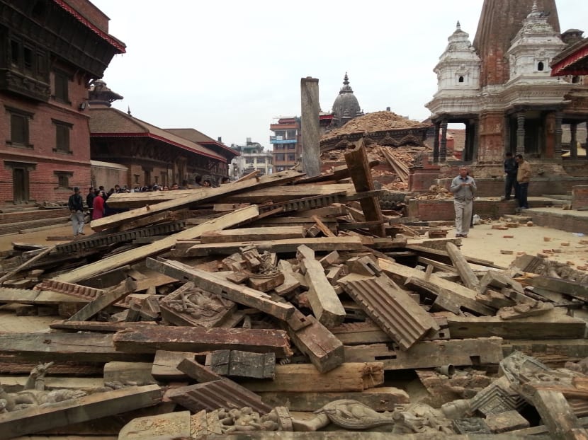 Collapsed buildings after an earthquake, seen at the Durbar Square in Kathmandu, capital of Nepal, April 25, 2015. Photo: Xinhua/AP