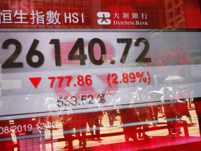 A screen displaying the Hang Seng Index in Hong Kong, China, on Aug 5, 2019.