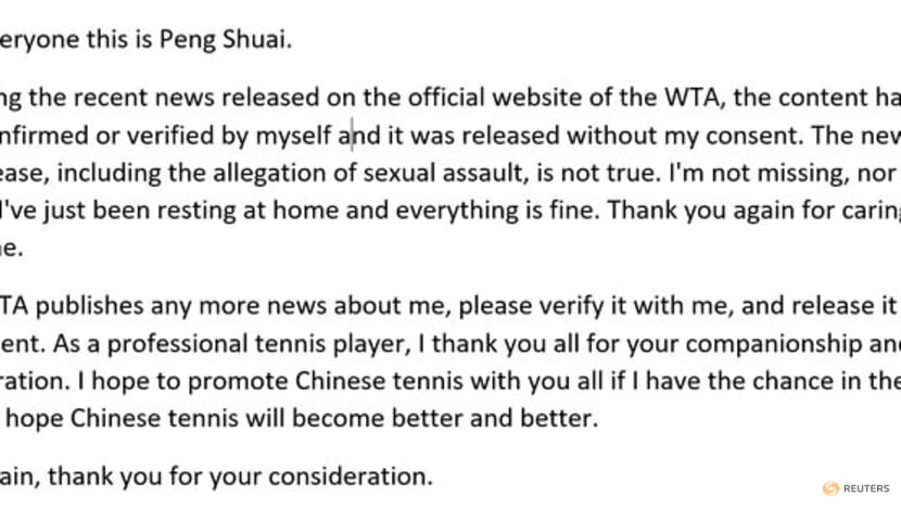 WTA's Simon voices concern over statement attributed to Peng WTA's Simon voices concern over statement attributed to Peng
