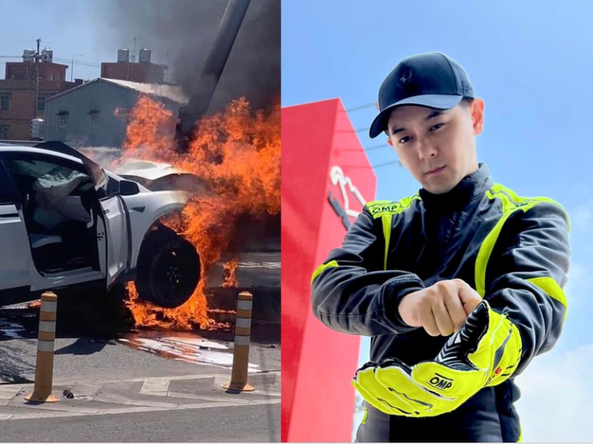 Videos on social media showed a white Tesla smashed against a signpost with the front of the vehicle on fire (left). The driver is said to be Taiwanese singer Jimmy Lin (right).&nbsp;