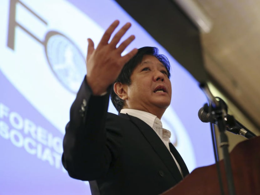 Senator Ferdinand "Bongbong" Marcos Jr gestures during his speech as he talks about the Bangsamoro Basic Law during the Foreign Correspondents Association of the Philippines meeting in Manila. Photo: AP