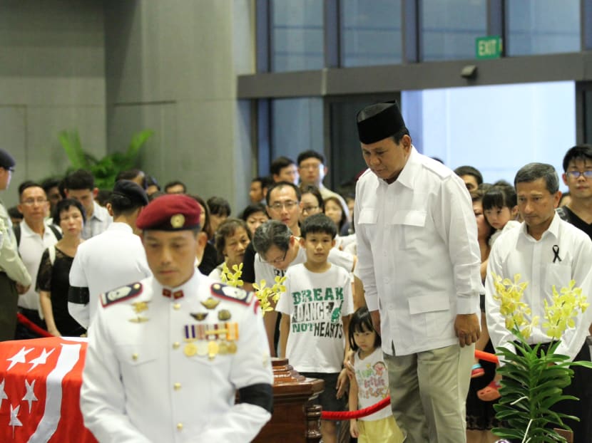 Former Indonesian presidential candidate Prabowo Subianto pays respects to former Minister Mentor Lee Kuan Yew at Parliament House on March 28, 2015. Photo: Xabryna Kek/Channel NewsAsia