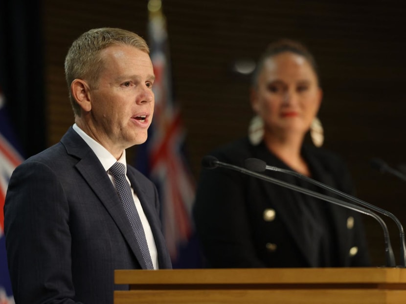 New Zealand's new Prime Minister Chris Hipkins (left) and his Depute Prime Minister Carmel Sepuloni attend their first press conference at Parliament in Wellington on Jan 22, 2023.
